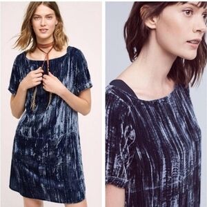Floreat Anthropologie Crushed Velvet Mini Shift Dress Sz Small Navy Blue